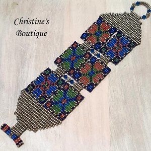 Handcrafted Pewter Glass Bead Hand stitched Bracel